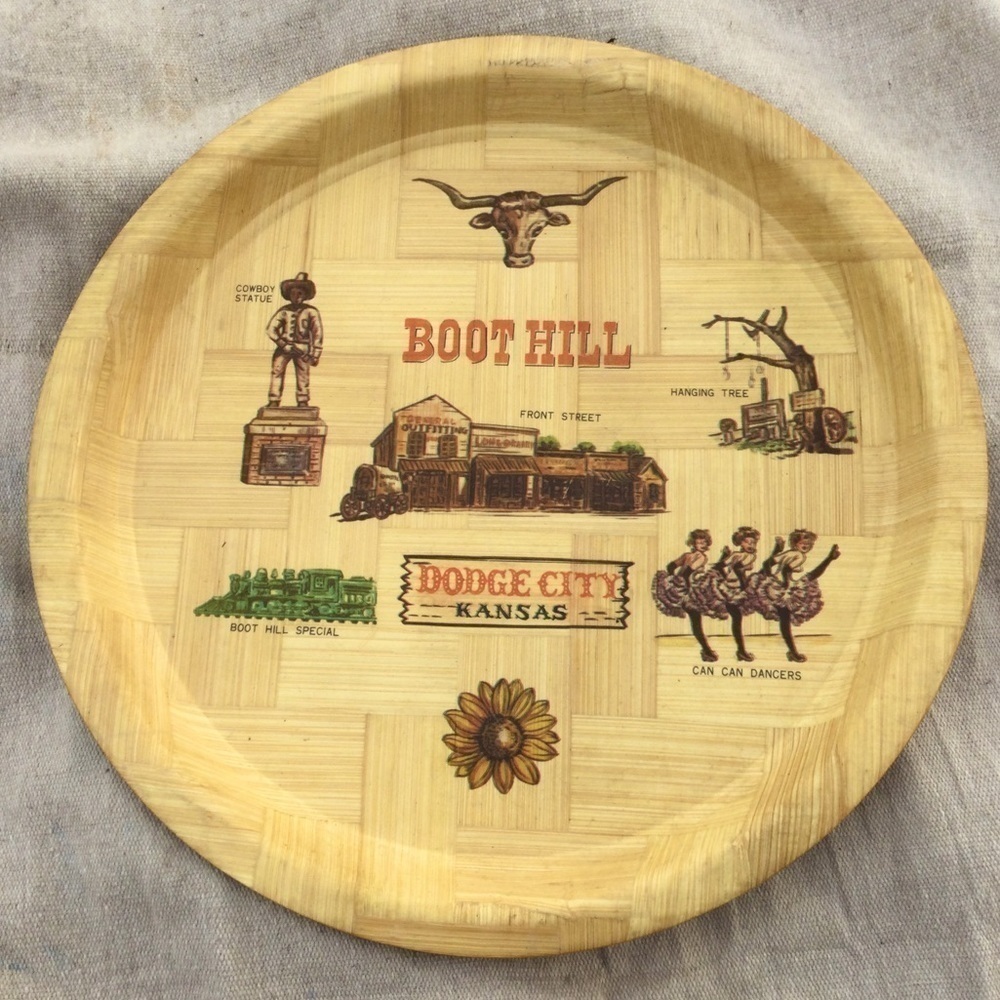 Vintage 13” Dodge city Kansas bamboo plate Boot Hill Midwest Route 66 boho‎ MCM